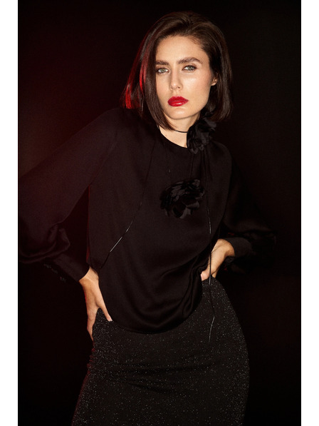 Moodo Elegáns fekete ing ráncolt ujjakkal Moodo