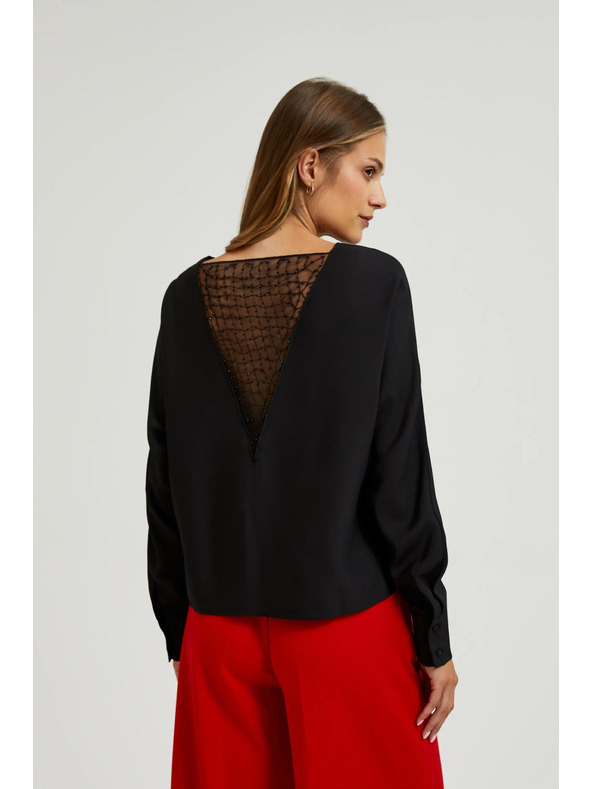 Moodo Fekete blúz kézzel varrt gyöngyökkel a nyakkivágásnál Moodo
