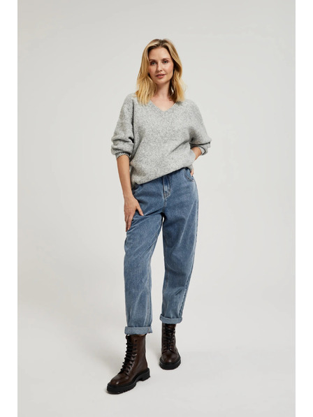 Moodo Sima V-nyakú és bordázott szürke pulóver Moodo