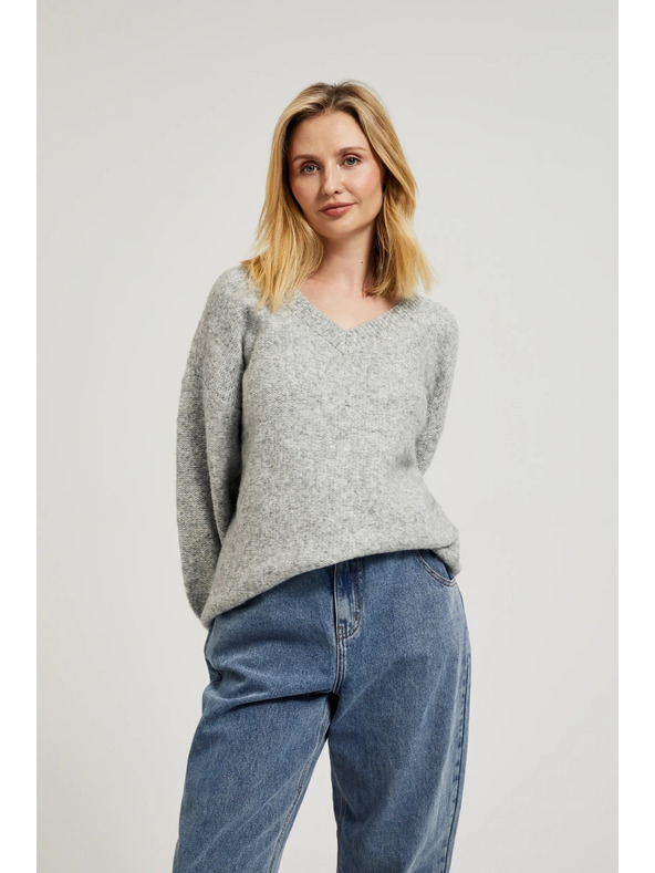 Moodo Sima V-nyakú és bordázott szürke pulóver Moodo