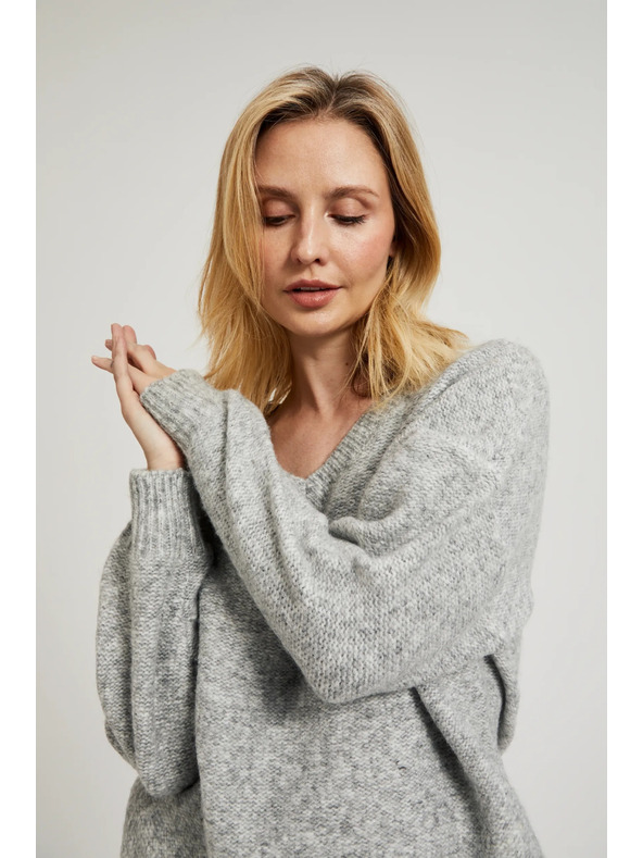 Moodo Sima V-nyakú és bordázott szürke pulóver Moodo