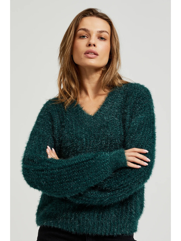 Moodo Bolyhos pulóver fémes szállal, zöld Moodo