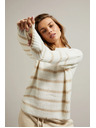 Moodo Bézs pulóver csíkokkal és kerek nyakkivágással Moodo
