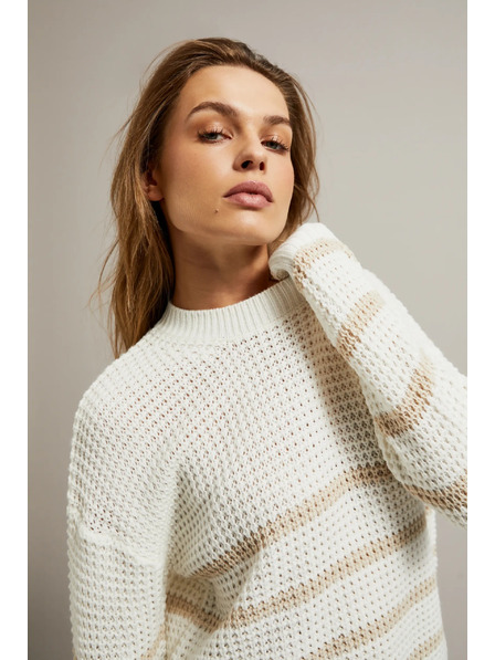 Moodo Bézs pulóver csíkokkal és kerek nyakkivágással Moodo