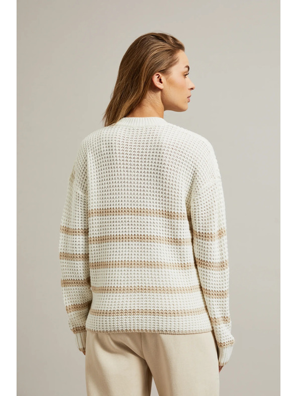 Moodo Bézs pulóver csíkokkal és kerek nyakkivágással Moodo