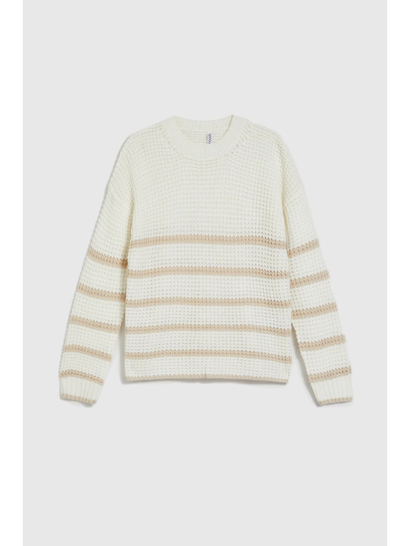 Moodo Bézs pulóver csíkokkal és kerek nyakkivágással Moodo