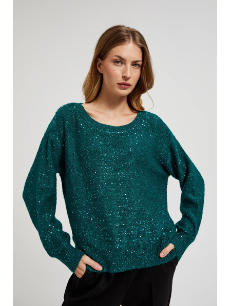 Moodo Zöld pulóver flitterekkel és kerek nyakkal Moodo