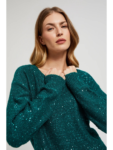 Moodo Zöld pulóver flitterekkel és kerek nyakkal Moodo