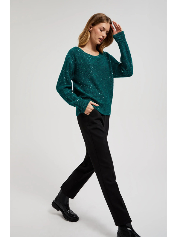 Moodo Zöld pulóver flitterekkel és kerek nyakkal Moodo