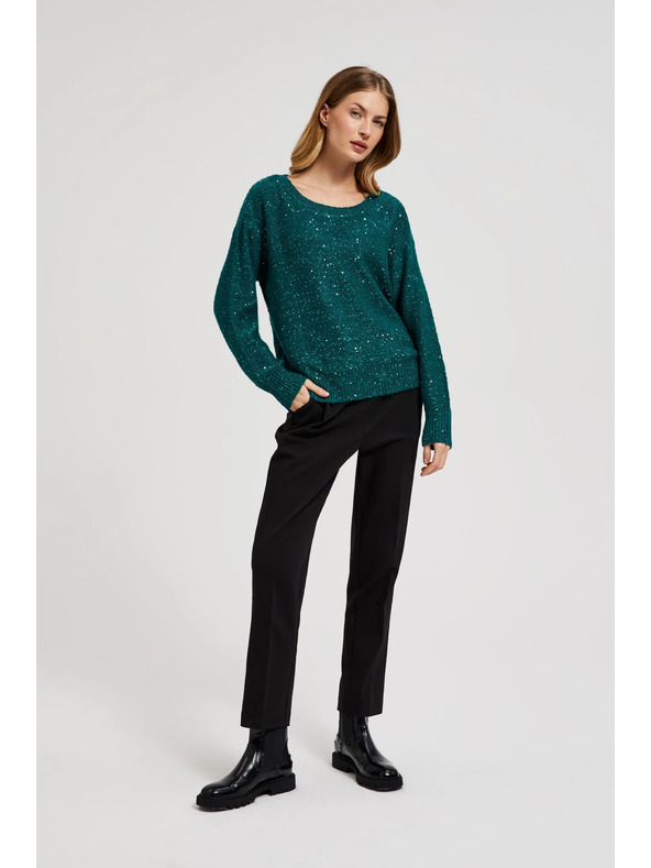 Moodo Zöld pulóver flitterekkel és kerek nyakkal Moodo