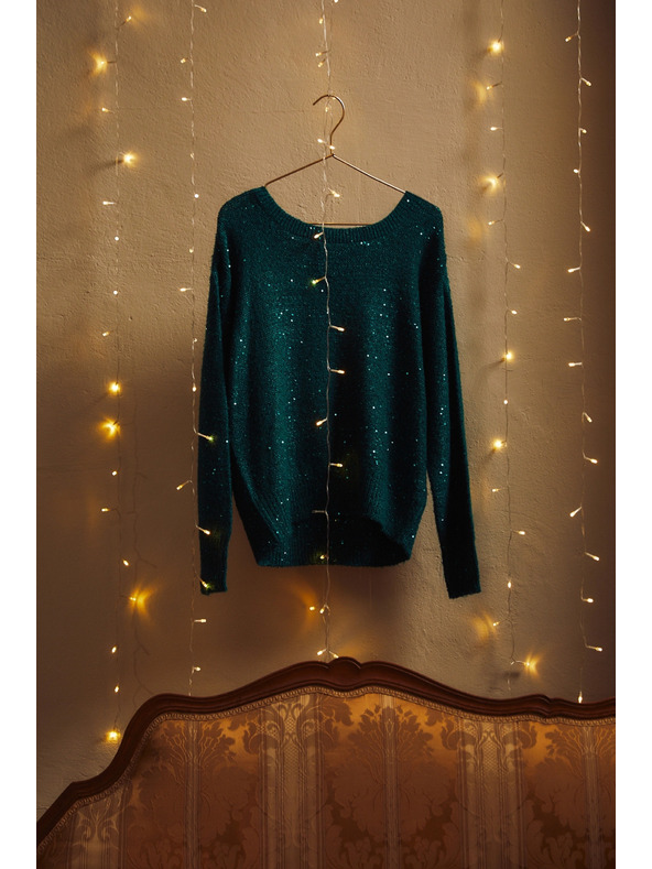 Moodo Zöld pulóver flitterekkel és kerek nyakkal Moodo
