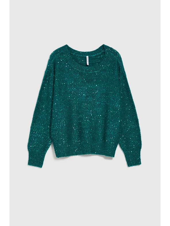 Moodo Zöld pulóver flitterekkel és kerek nyakkal Moodo