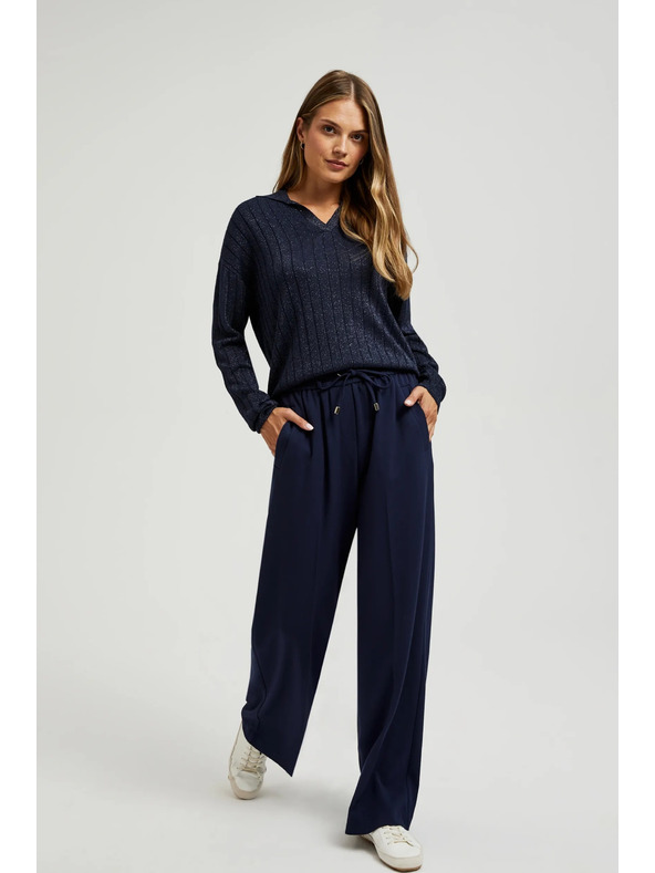 Moodo Sötétkék pulóver gallérral és metál fonallal Moodo