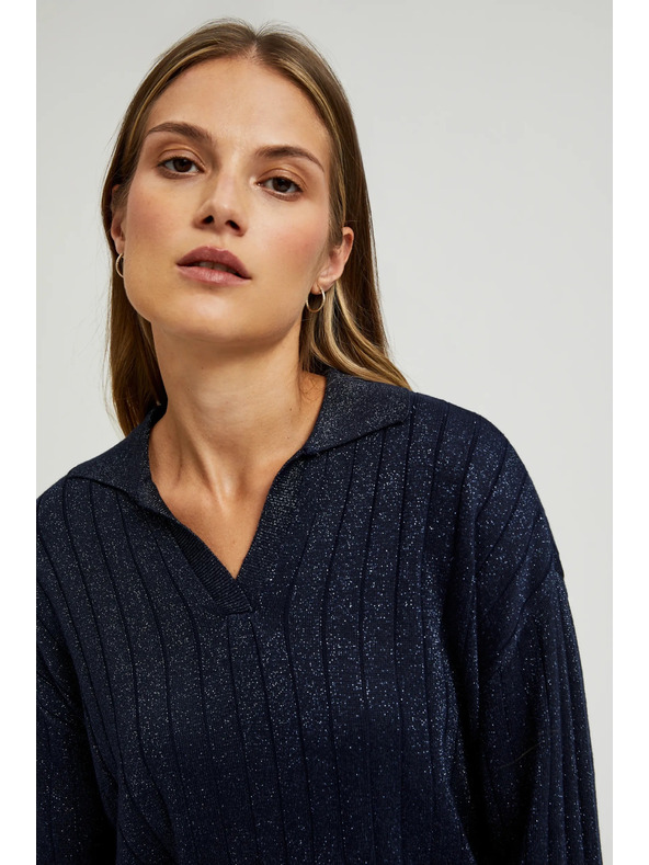 Moodo Sötétkék pulóver gallérral és metál fonallal Moodo