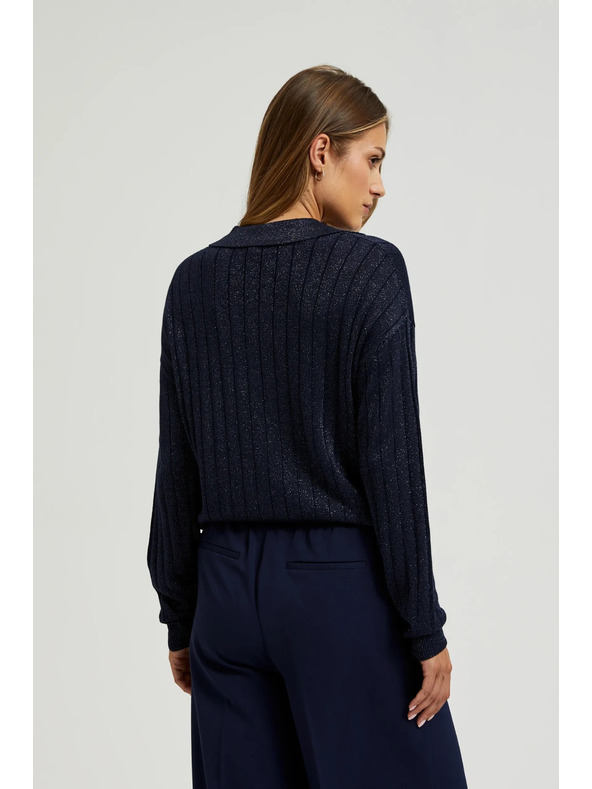 Moodo Sötétkék pulóver gallérral és metál fonallal Moodo