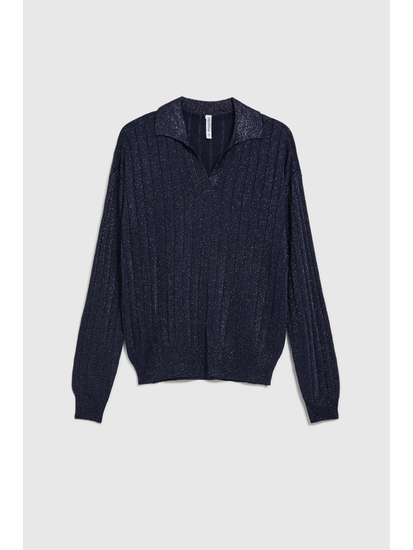 Moodo Sötétkék pulóver gallérral és metál fonallal Moodo
