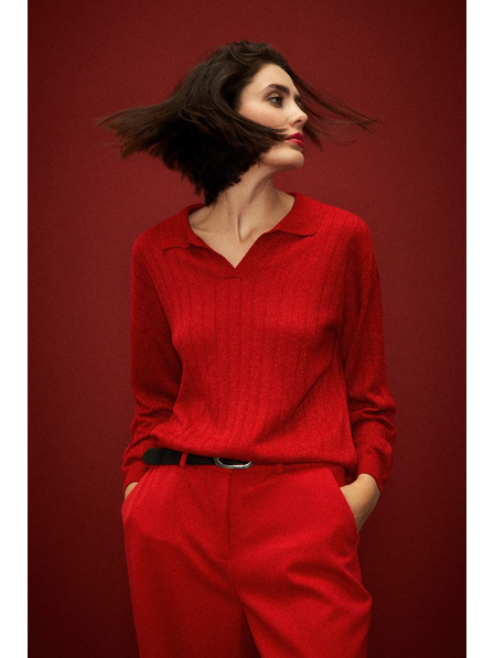 Moodo Piros pulóver gallérral és metál fonallal Moodo