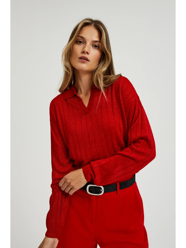 Moodo Piros pulóver gallérral és metál fonallal Moodo