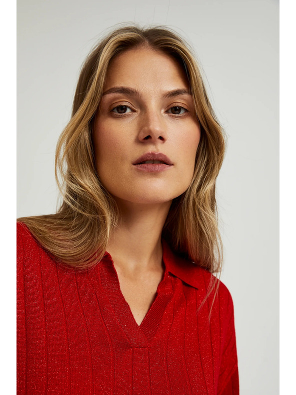 Moodo Piros pulóver gallérral és metál fonallal Moodo