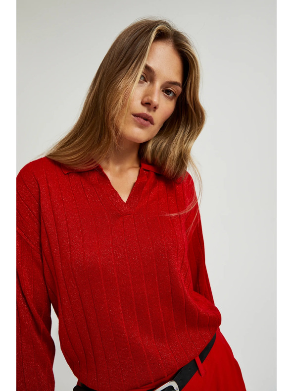 Moodo Piros pulóver gallérral és metál fonallal Moodo