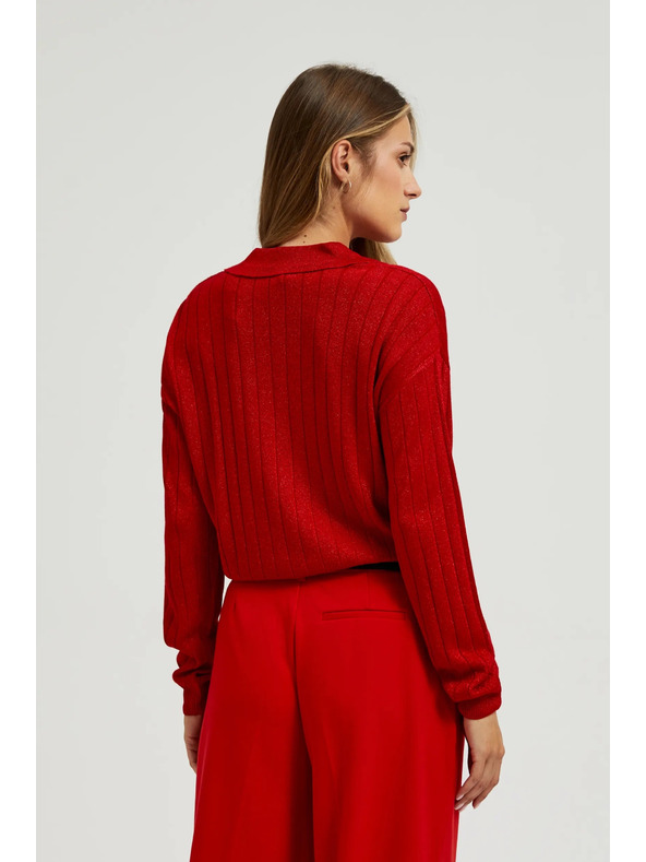 Moodo Piros pulóver gallérral és metál fonallal Moodo
