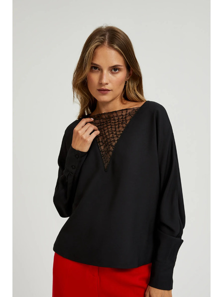Moodo Fekete blúz kézzel varrt gyöngyökkel a nyakkivágásnál Moodo