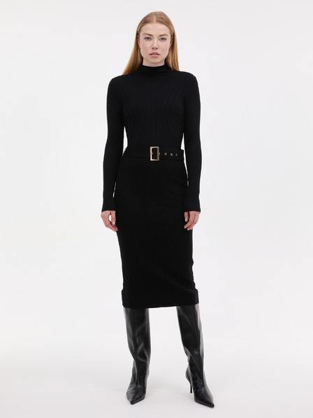 Orsay ORSAY Fekete női midi ruha övvel