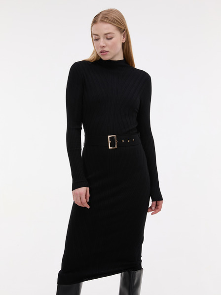 Orsay ORSAY Fekete női midi ruha övvel