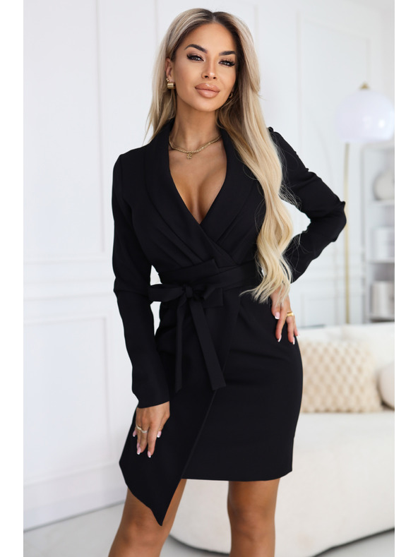 numoco Elegáns kabátruha öv és aszimmetrikus szegéllyel - fekete