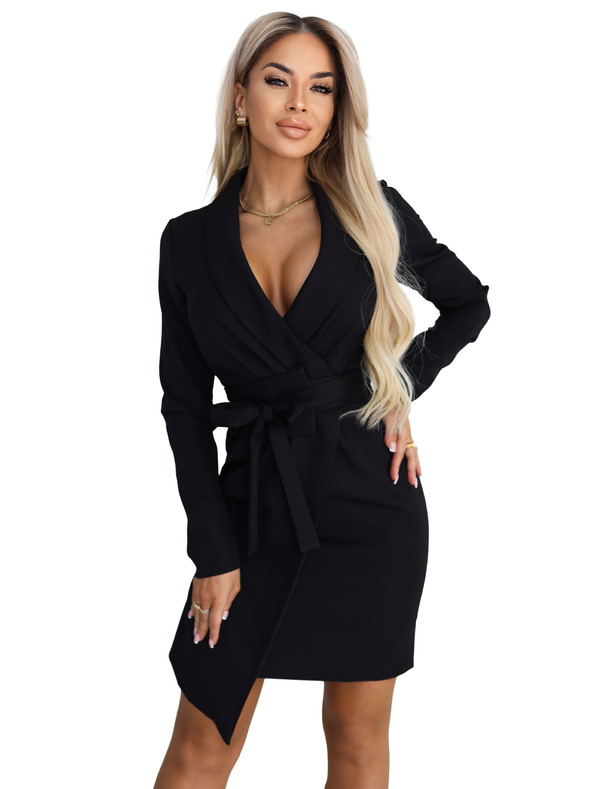 numoco Elegáns kabátruha öv és aszimmetrikus szegéllyel - fekete