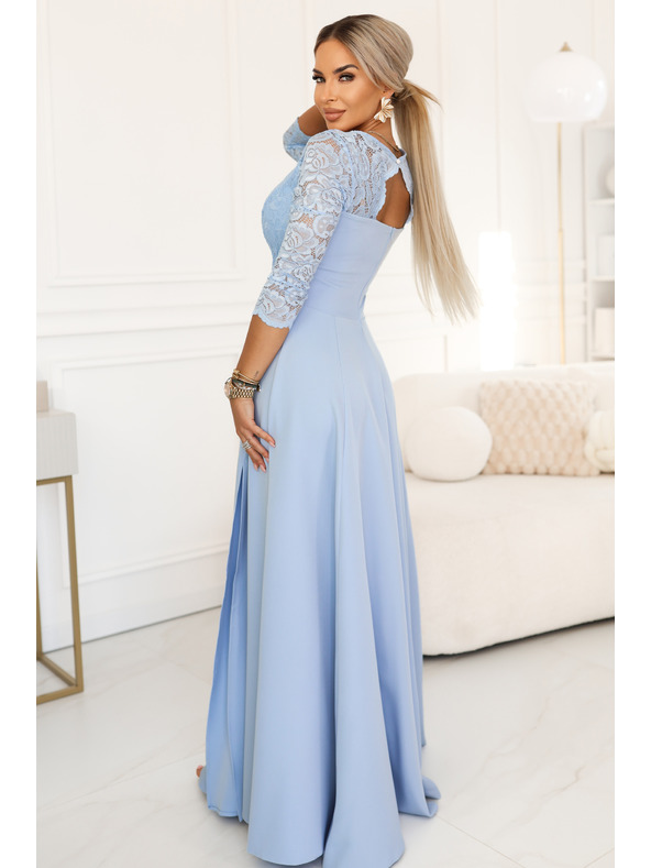 numoco AMBER Elegáns hosszú csipke ruha kivágással - világoskék