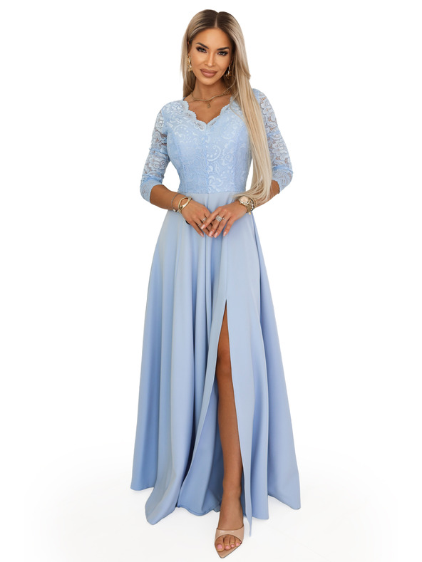 numoco AMBER Elegáns hosszú csipke ruha kivágással - világoskék