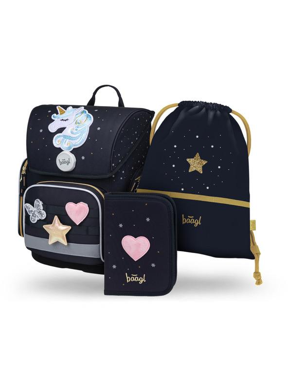 BAAGL  BAAGL SZETT 3 Ergo Unicorn Gold: iskolatáska, tolltartó, zsák