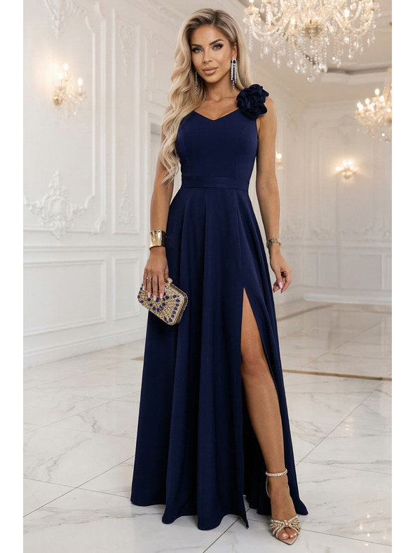 numoco Elegáns esti maxi ruha hasítékkal és rózsákkal - tengerészkék