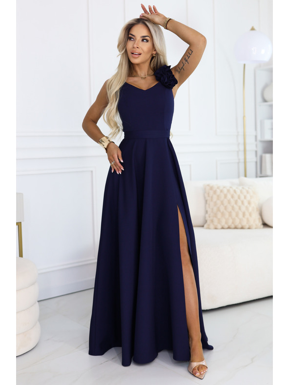 numoco Elegáns esti maxi ruha hasítékkal és rózsákkal - tengerészkék