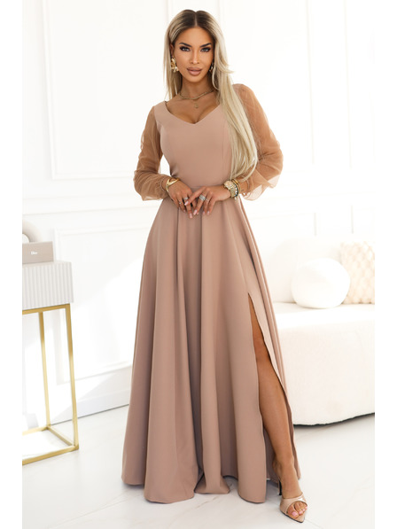 numoco LORETTA Egyedi hosszú ruha tüll ujjakkal és kivágással - bézs