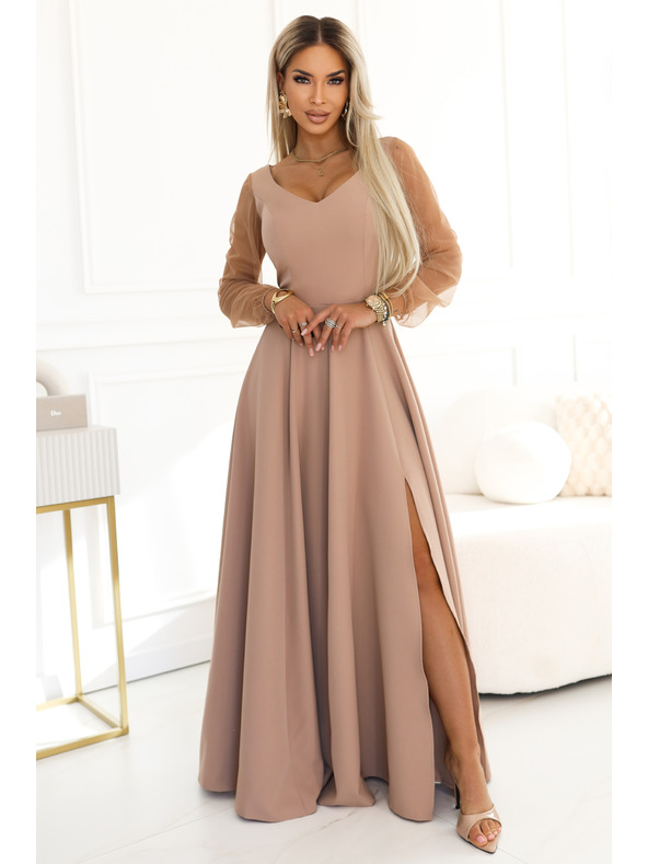 numoco LORETTA Egyedi hosszú ruha tüll ujjakkal és kivágással - bézs