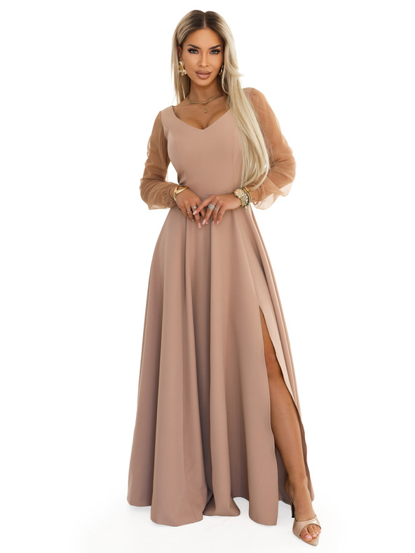 numoco LORETTA Egyedi hosszú ruha tüll ujjakkal és kivágással - bézs