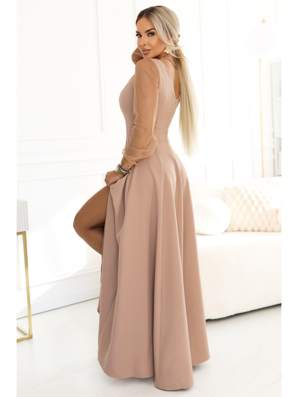 numoco LORETTA Egyedi hosszú ruha tüll ujjakkal és kivágással - bézs