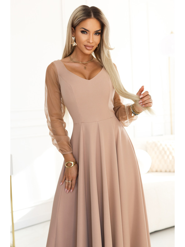 numoco LORETTA Egyedi hosszú ruha tüll ujjakkal és kivágással - bézs