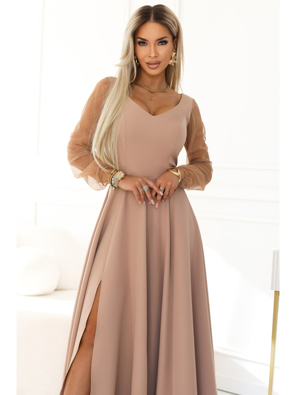numoco LORETTA Egyedi hosszú ruha tüll ujjakkal és kivágással - bézs
