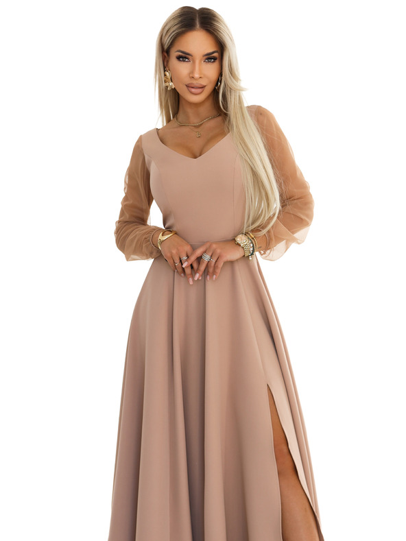 numoco LORETTA Egyedi hosszú ruha tüll ujjakkal és kivágással - bézs