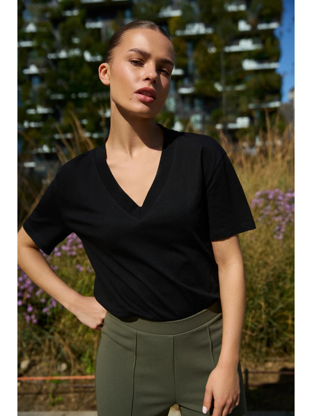 Moodo Pamutból készült blúz V-nyakkal fekete Moodo
