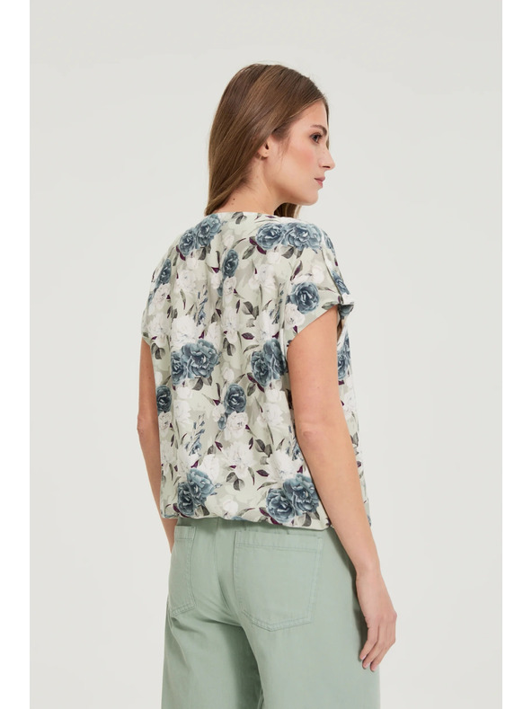 Moodo Viszközből készült blúz virágokkal olívazöld Moodo