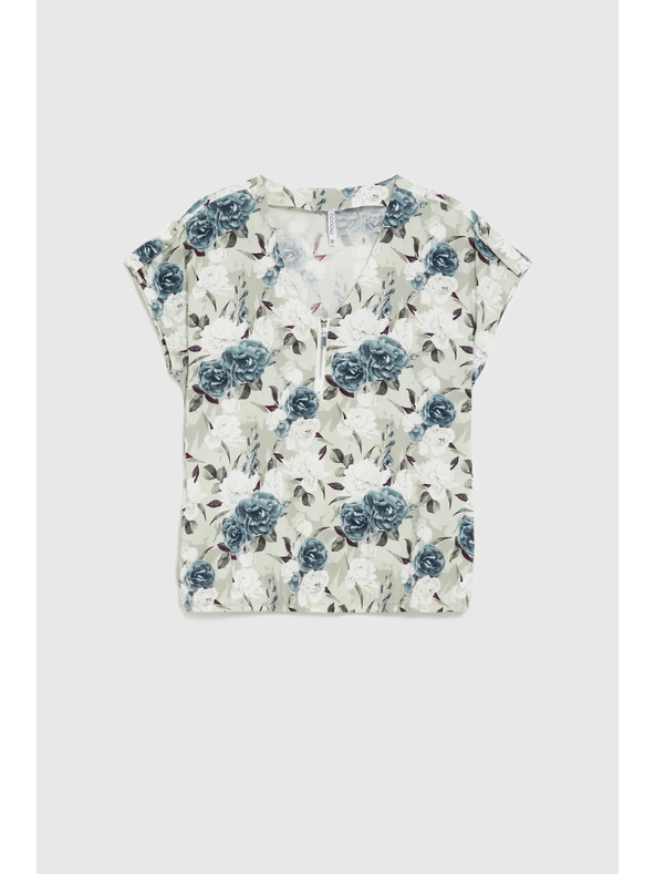 Moodo Viszközből készült blúz virágokkal olívazöld Moodo