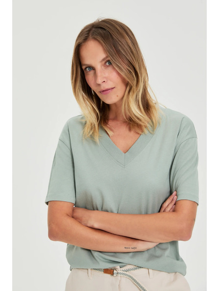 Moodo Pamut blúz V-nyakkivágással olíva Moodo