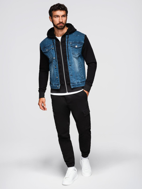 Ombre Clothing Férfi farmerdzeki kötött ujjakkal és kapucnival - kék és fekete V2 OM-JADJ-0220 Ombre Clothing