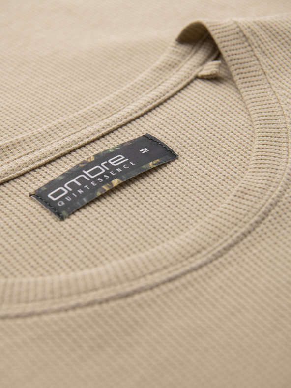 Ombre Clothing Férfi kerek nyakkivágású gofri textúrájú póló - homok V2 OM-TSCT-0197 Ombre Clothing