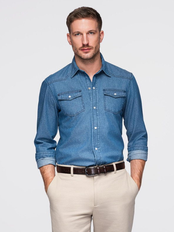 Ombre Clothing Férfi farmer ing gombokkal és zsebekkal - kék V2 OM-SHDS-0210 Ombre Clothing