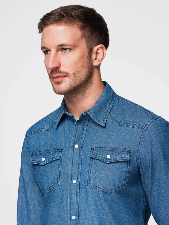 Ombre Clothing Férfi farmer ing gombokkal és zsebekkal - kék V2 OM-SHDS-0210 Ombre Clothing